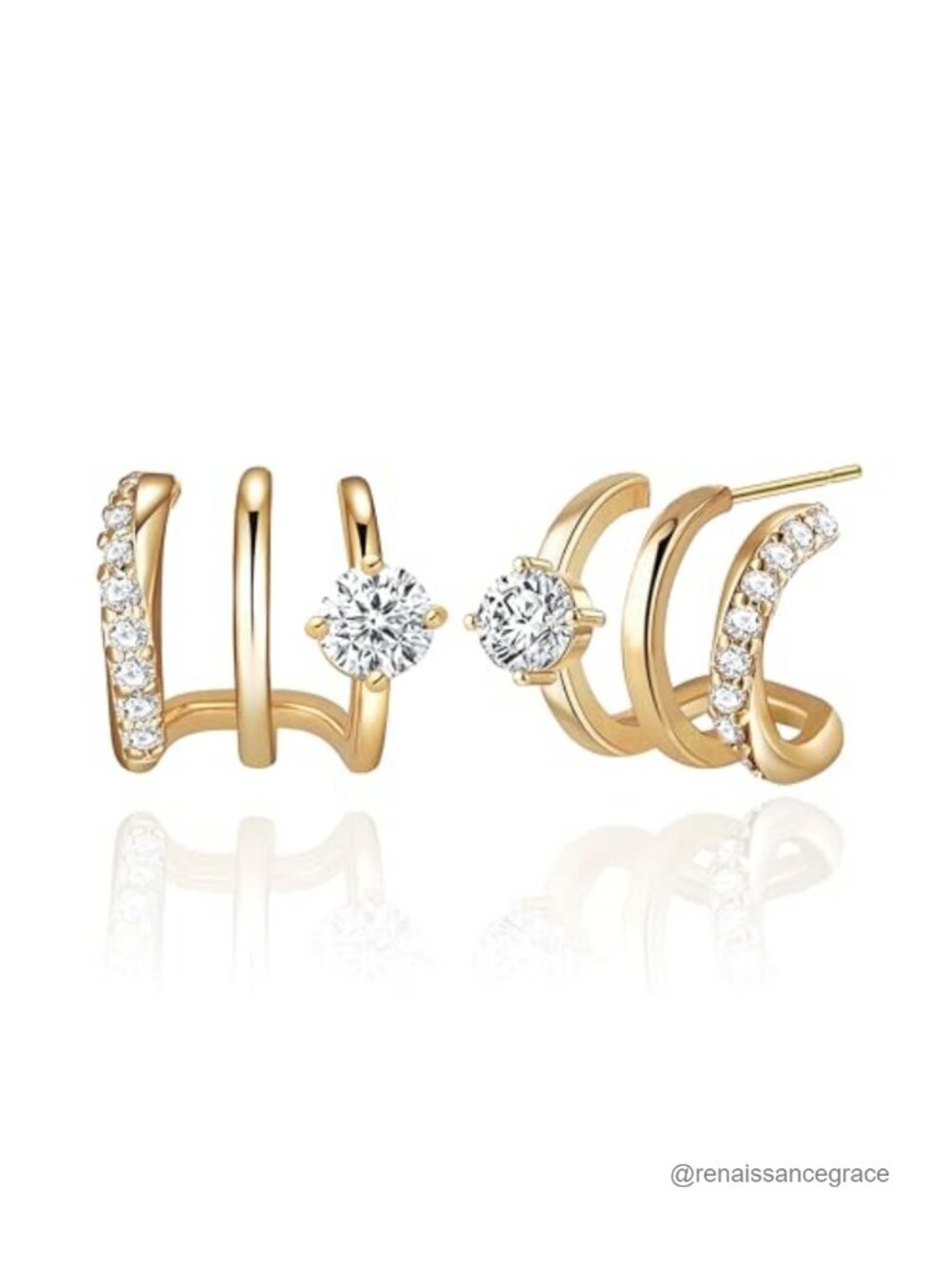 14K Gold Plated Triple Huggie Hoop Earrings for Women Illusion Stud Ear Crawler